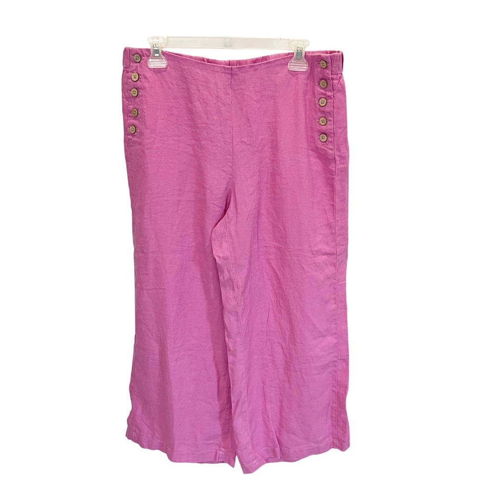 NEW J. Jill Love Linen Pink Wide Leg Cropped Pants Buttons Lagenlook MEDIUM